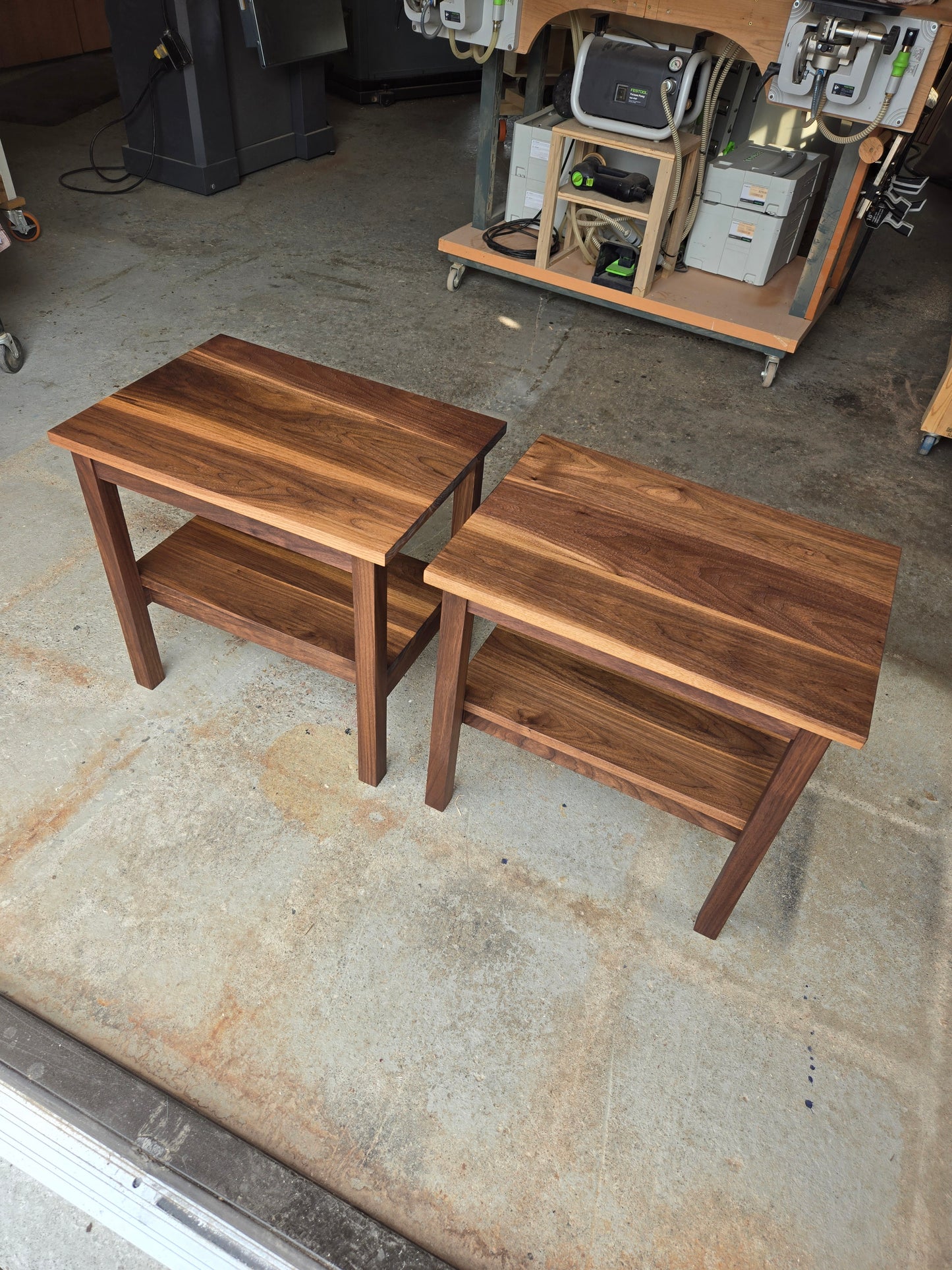 Walnut side tables with shelf