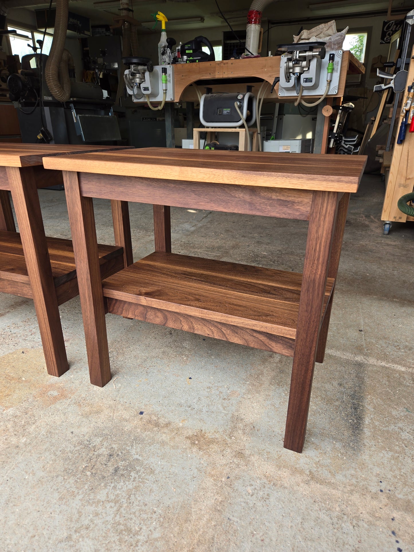 Walnut side tables with shelf