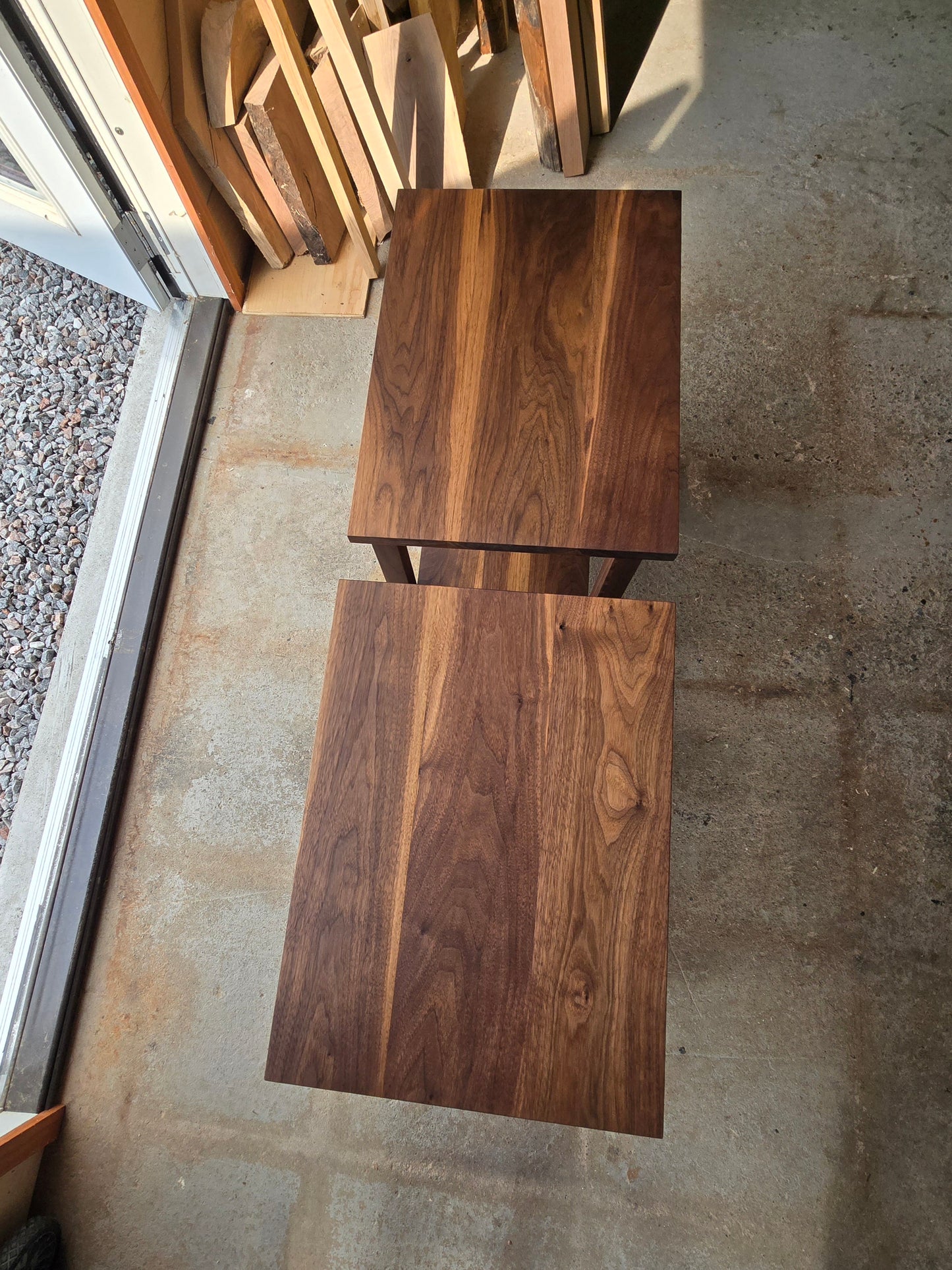 Walnut side tables with shelf