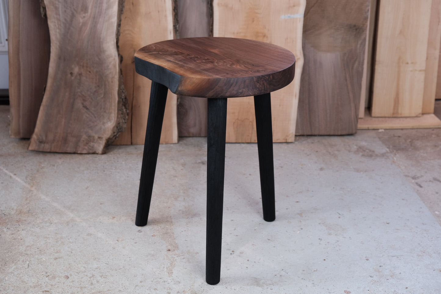 Walnut and charred oak milking stool