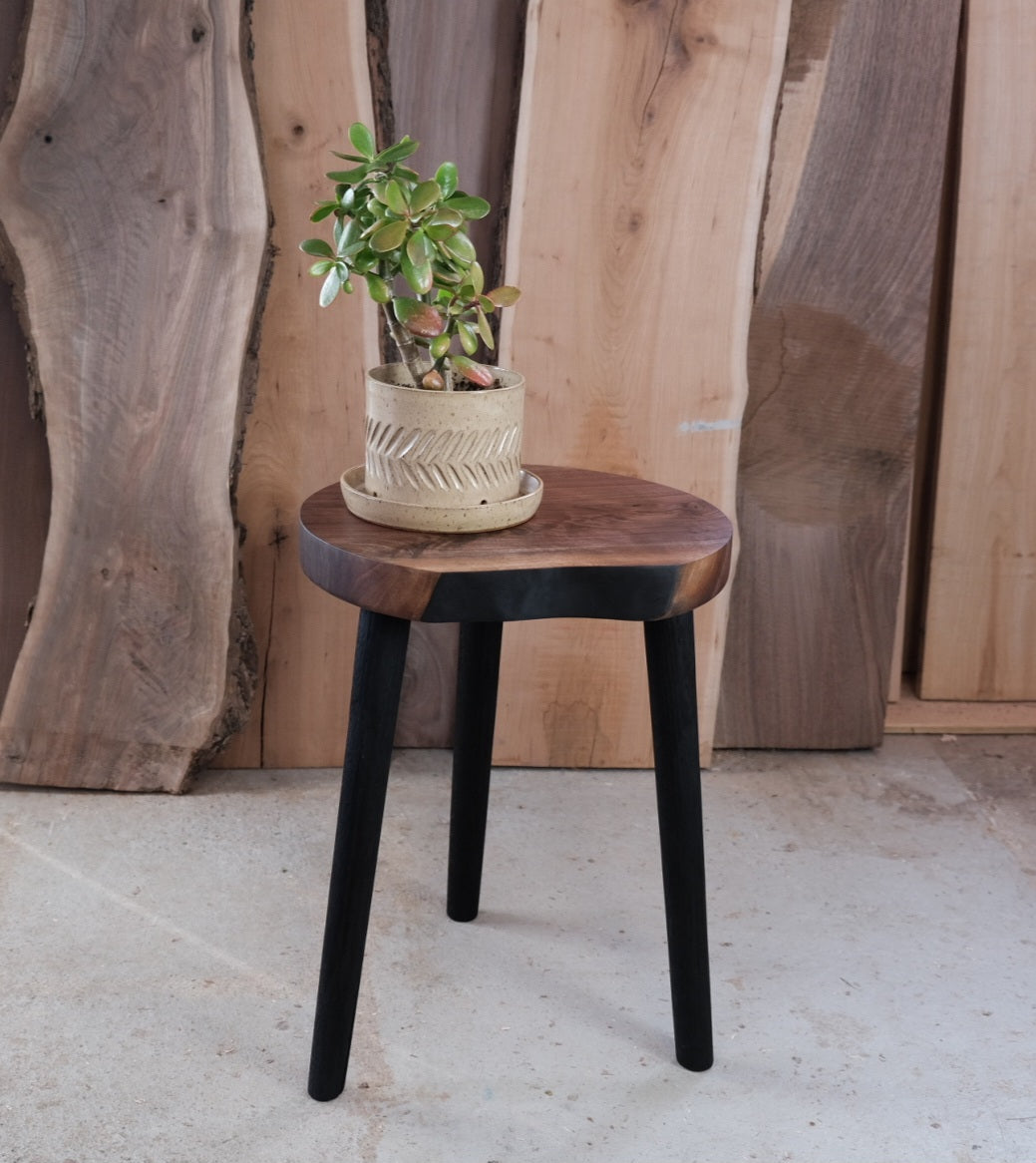 Walnut and charred oak milking stool